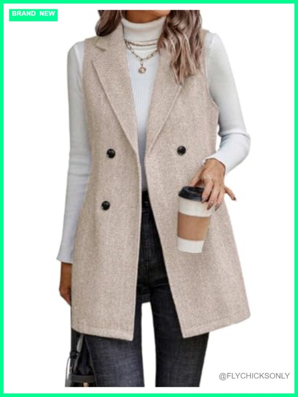 Sleeveless Tweed Blazer Vest Long Herringbone Wool Blend Business Casual